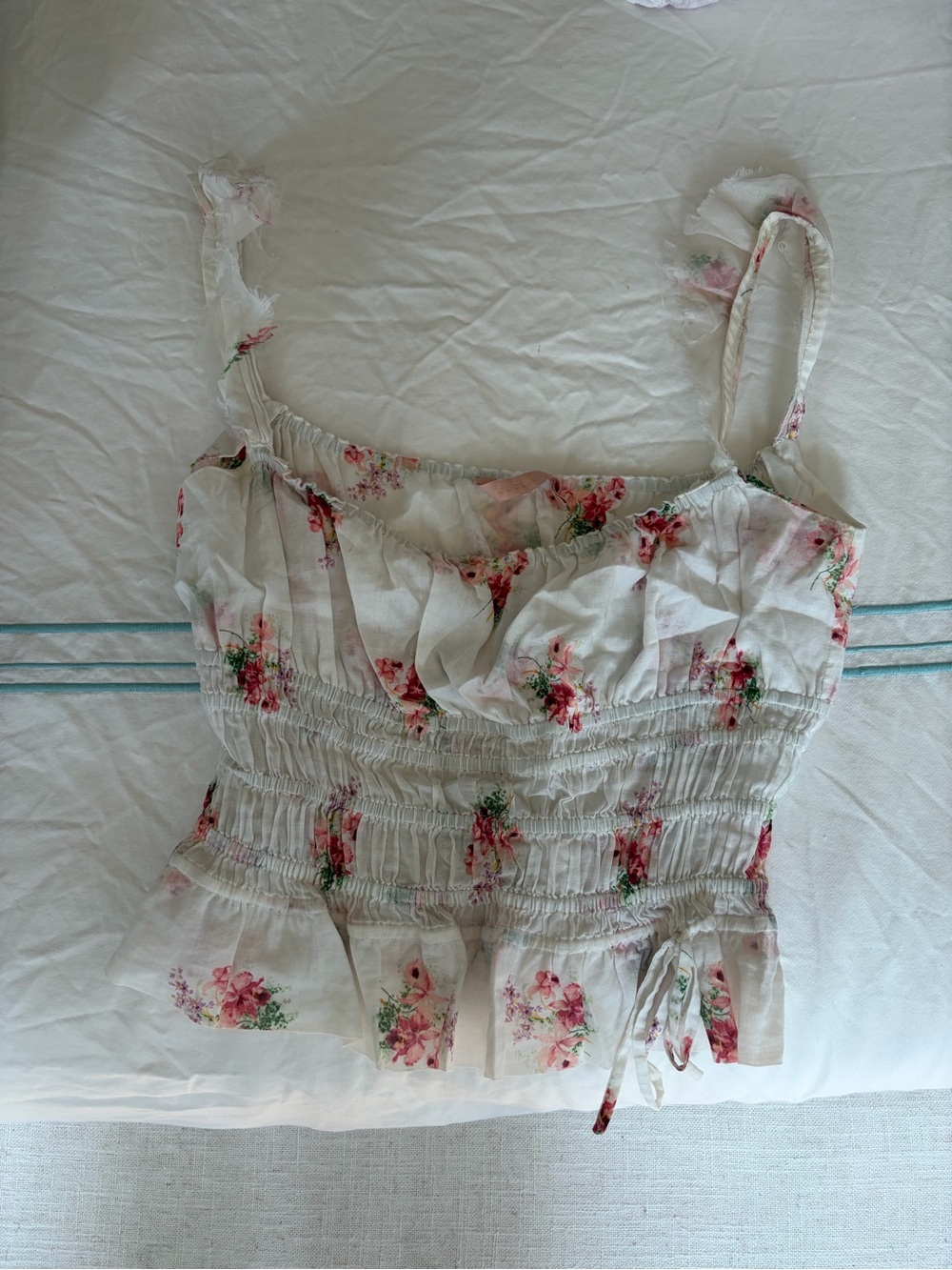 Smocked Floral Camisole Tank Top - White with Pink Floral Print